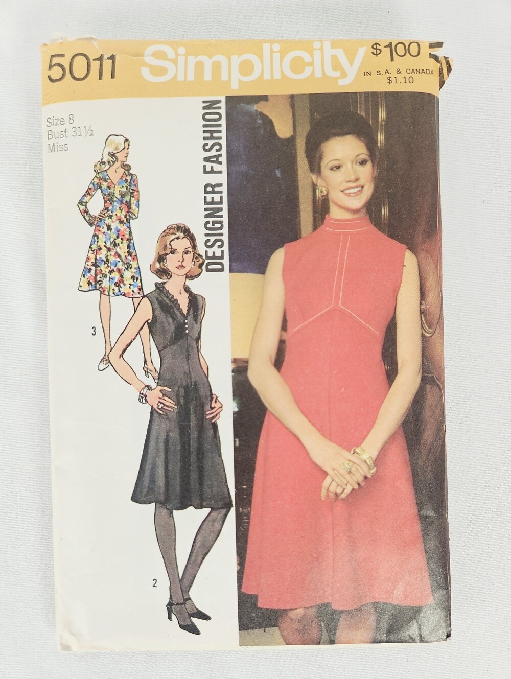 Vintage 1972 Simplicity 5011 Designer Fashion Dress Pattern Size 8 Bust 31½